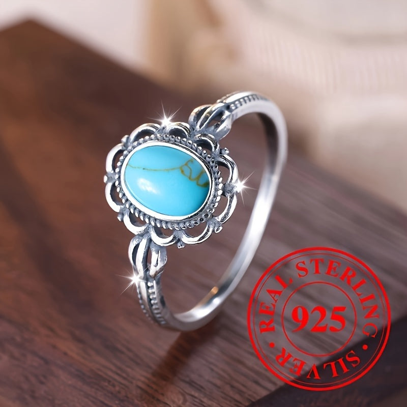 925 Sterling Silver Turquoise Egg Shape Carving Ring