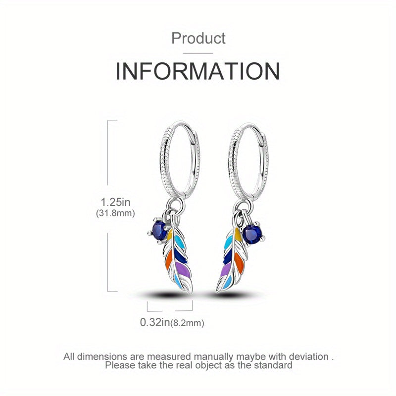 Sterling 925 Silver Colorful Feather Dangle Earrings