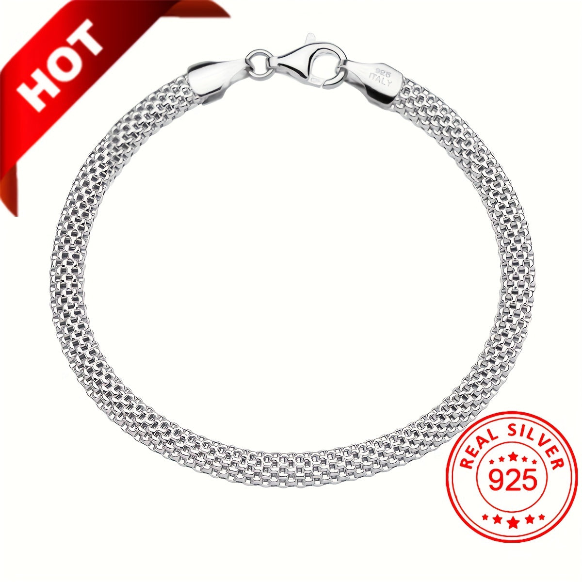 925 Sterling Silver Mesh Link Chain Bracelet, Unisex